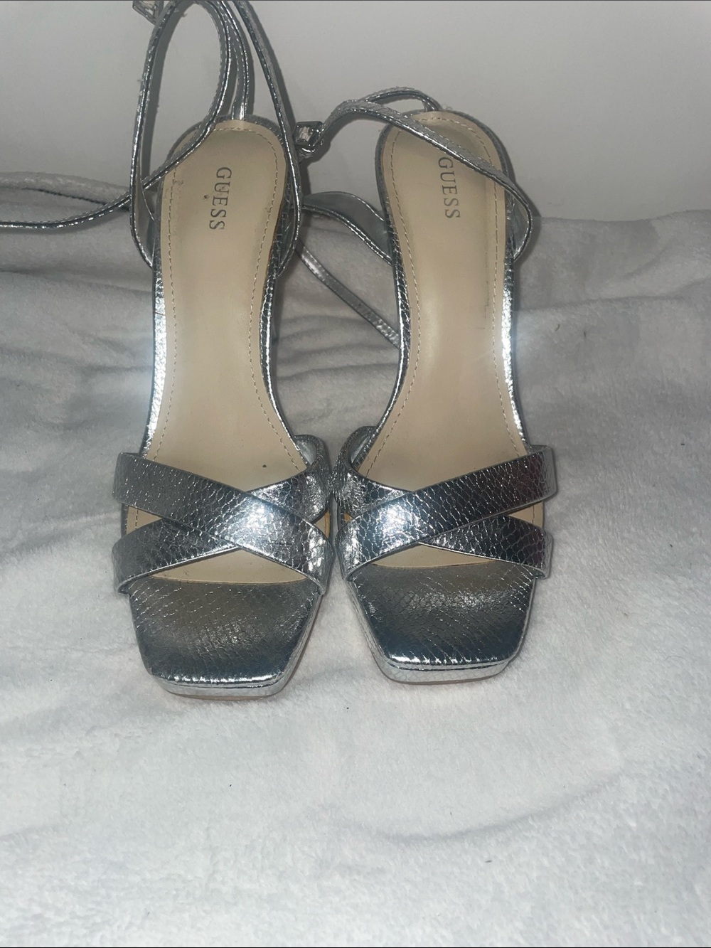 GUESS Silver Metallic Crisscross Ankle Tie Block Heels
